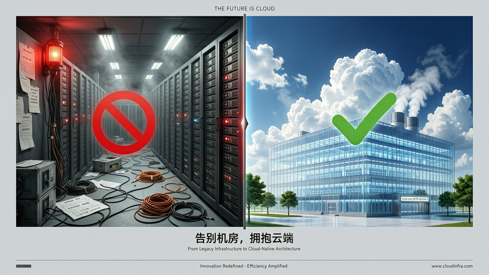左边灰暗机房与右边明亮云端的对比